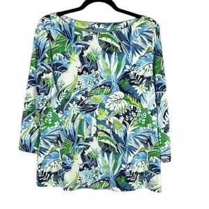 J. McLaughlin Catalina Cloth Tropical Print Long Sleeve Boat Neck Top XL Blue